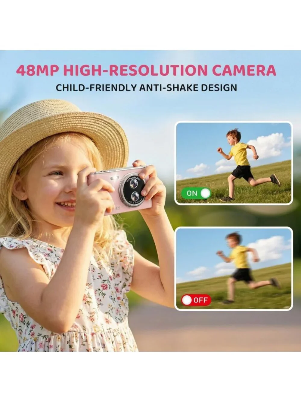 48MP FHD 1080P Point & Shoot Camera, 16x Zoom, Anti-Shake, Compact, Pink, 32GB